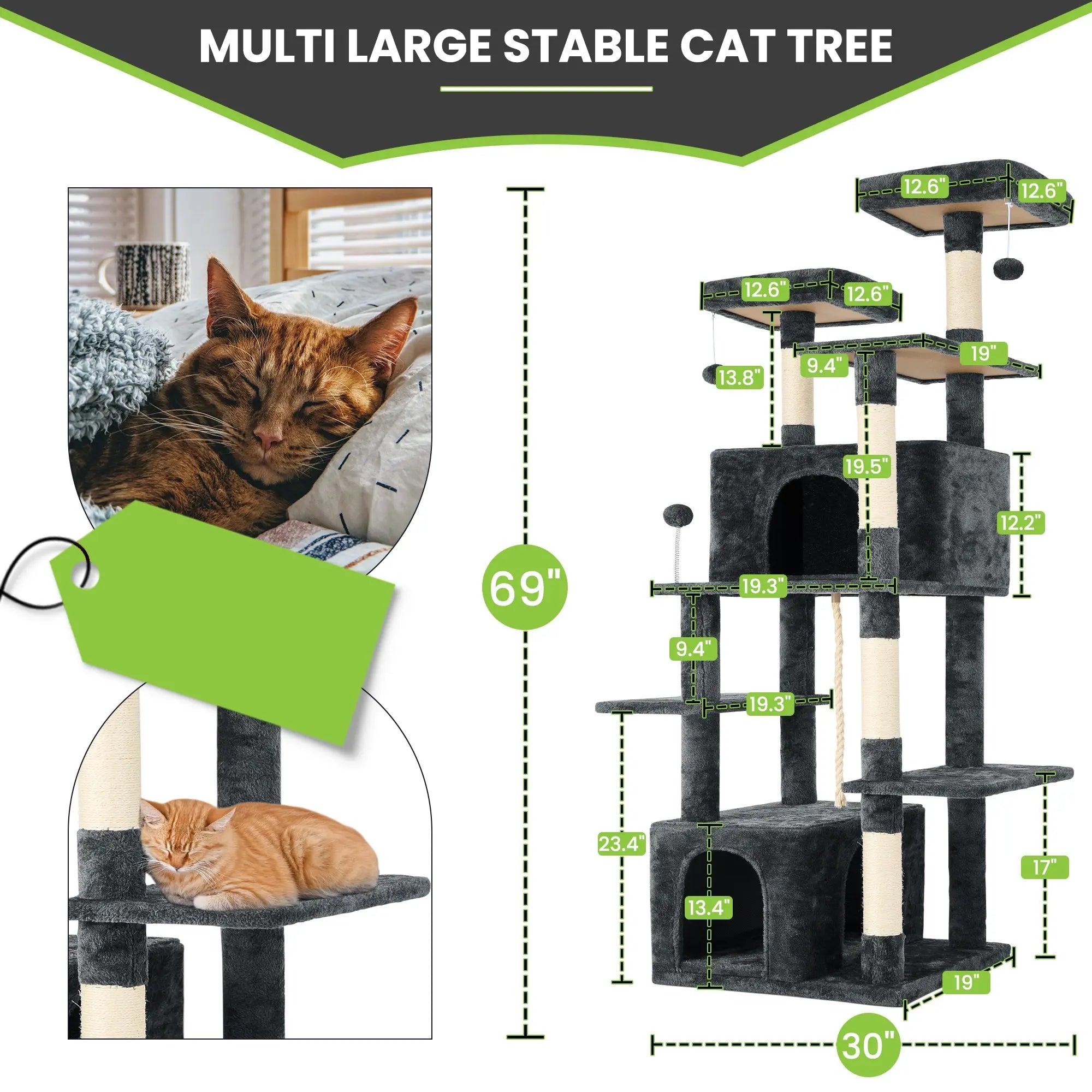 [Mothersdaygift] Wecharmer Cat Tree / Tower for Indoor with Green Leaves, Cat Condo Cozy Plush House with Hang Ball, Pet Furniture with Scratching Posts Cat Tree