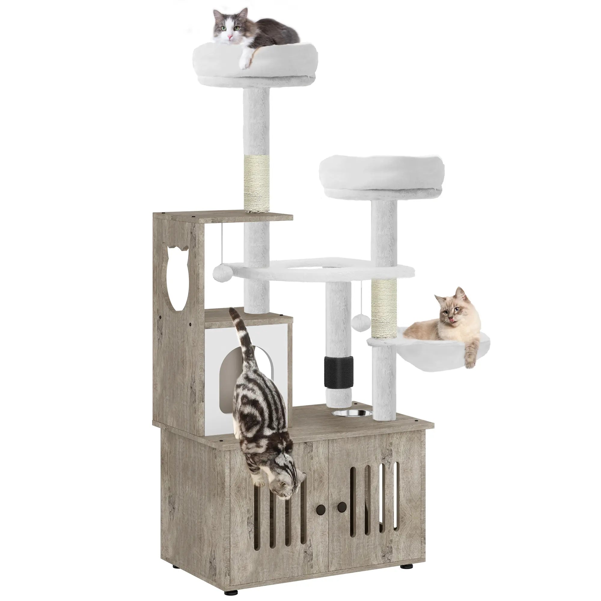 Yitahome Cat Tree with Litter Box Enclosure, 2-In-1 Cat Furniture, Modern Cat Condo, Indoor Pet Tower with Food Station, Hammocks, Hair Brush