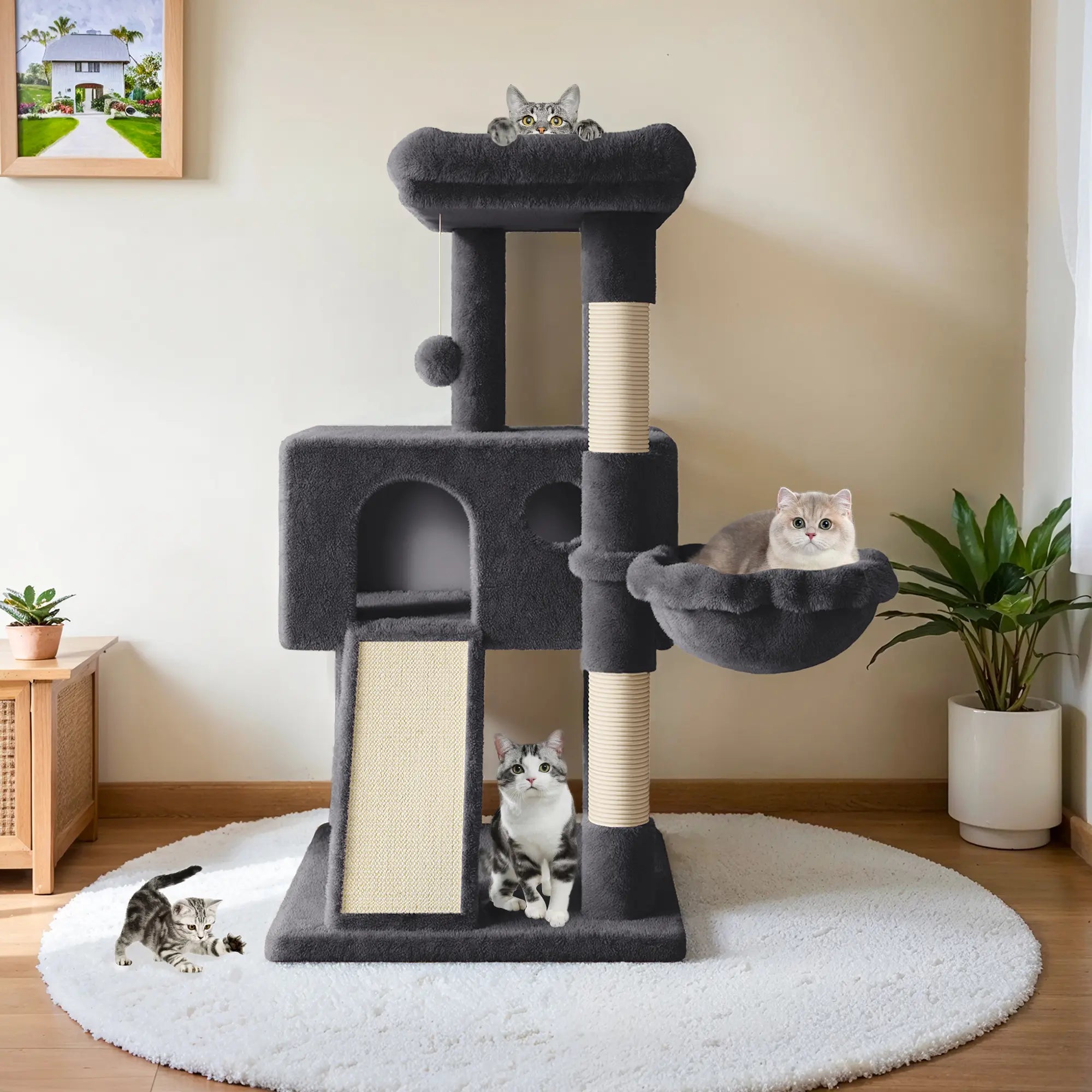 HOOMIC 36 Inches Cat Tree, Multi-Level Condo with Sisal Posts & Cozy Hammock, Padded Plush Perch, Available in Beige, Dark Grey, Light Grey , Perfect for Indoor Cats & Kittens #Summervibes