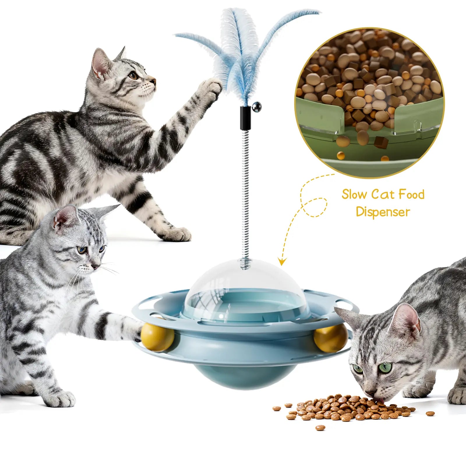 3-in-1 Interactive Cat Roller Toy - Wobbling Feather + 360 Treat Dispenser