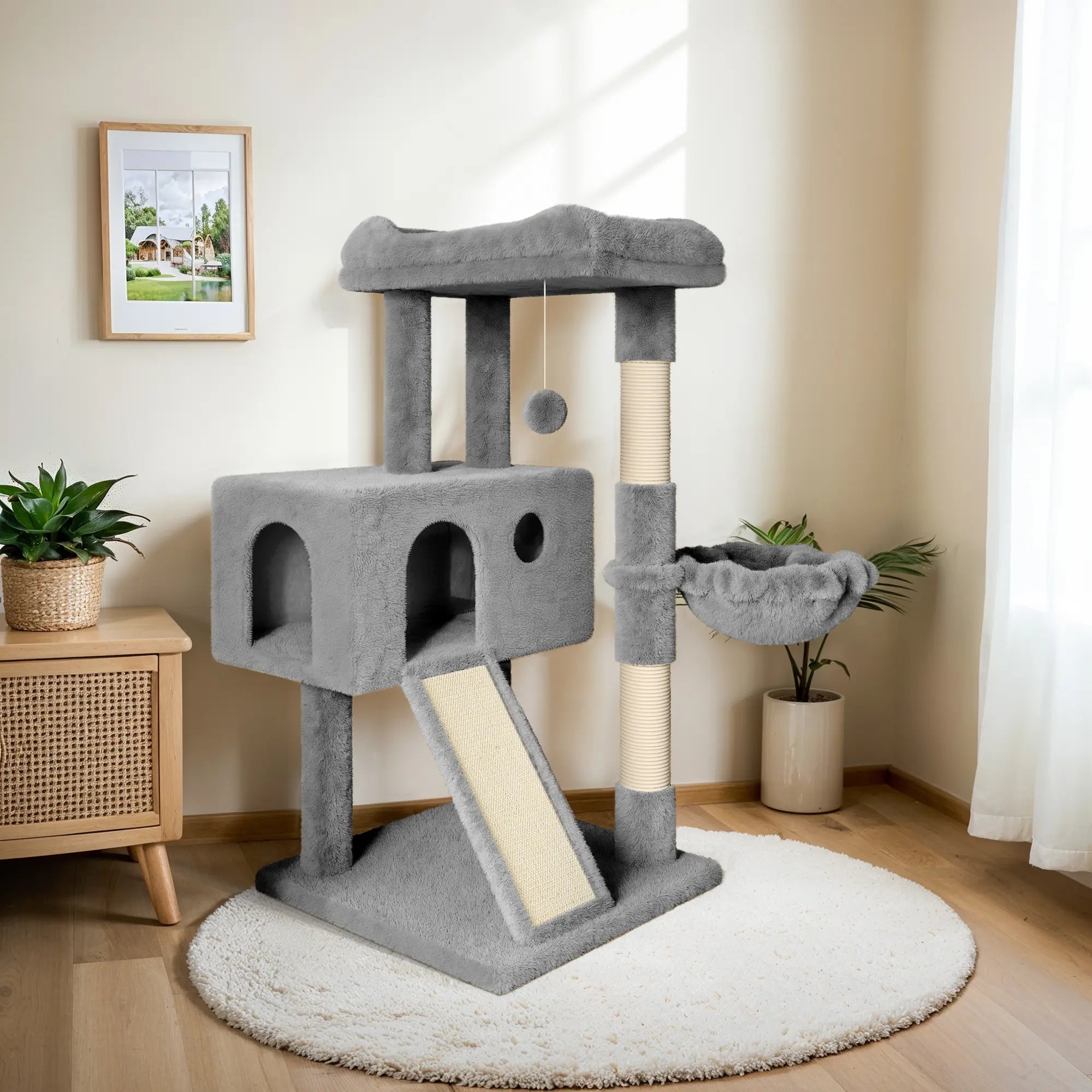 HOOMIC 36 Inches Cat Tree, Multi-Level Condo with Sisal Posts & Cozy Hammock, Padded Plush Perch, Available in Beige, Dark Grey, Light Grey , Perfect for Indoor Cats & Kittens #Summervibes