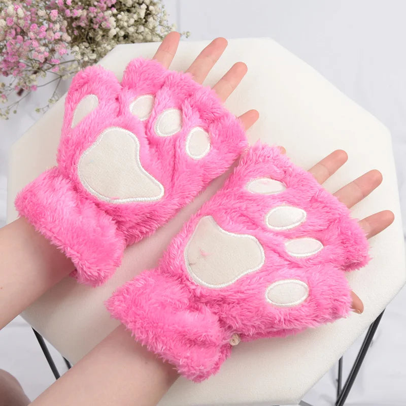 Cartoon Cat Claw Plush Gloves – Cozy Half-Finger Winter Mittens