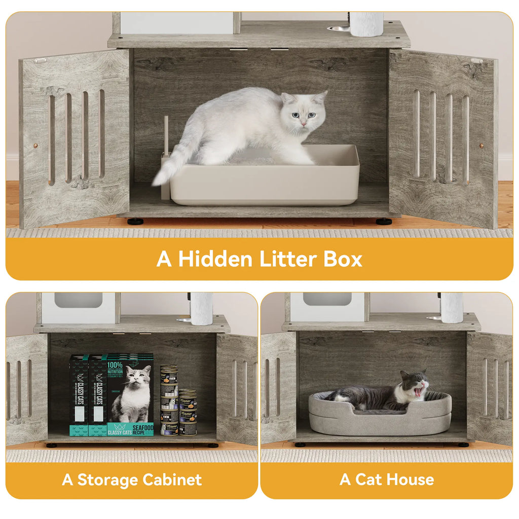 Yitahome Cat Tree with Litter Box Enclosure, 2-In-1 Cat Furniture, Modern Cat Condo, Indoor Pet Tower with Food Station, Hammocks, Hair Brush