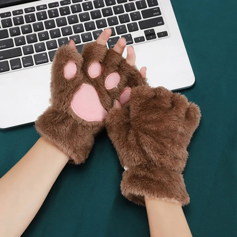 Cartoon Cat Claw Plush Gloves – Cozy Half-Finger Winter Mittens