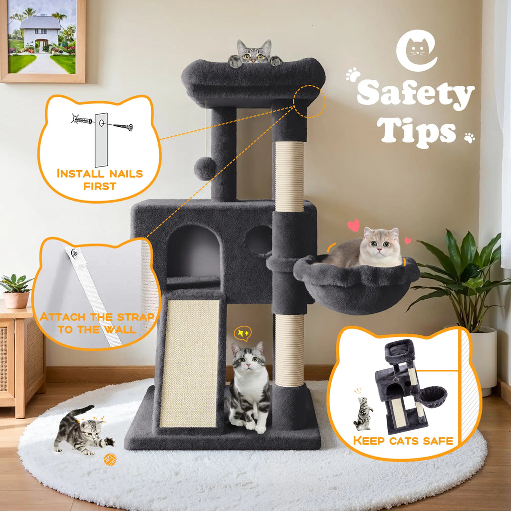 HOOMIC 36 Inches Cat Tree, Multi-Level Condo with Sisal Posts & Cozy Hammock, Padded Plush Perch, Available in Beige, Dark Grey, Light Grey , Perfect for Indoor Cats & Kittens #Summervibes