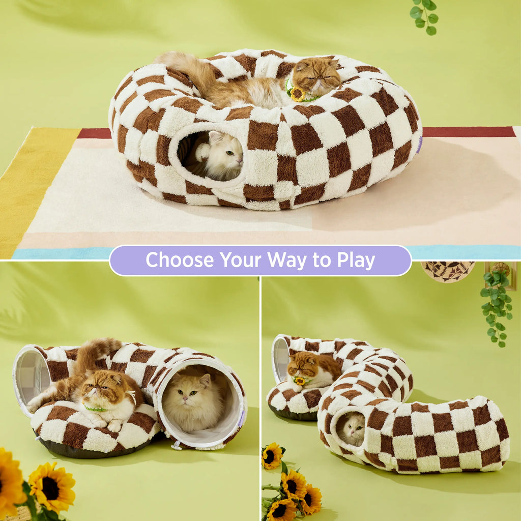 Lesure Cat Tunnel Bed for Indoor Cats - Soft&Cozy Cute Cat Donut Tunnel with Washable Circle Cushion, round Pet Play Tunnel Toy for Kitten/Puppy/Rabbit, Peekaboo Cave Toy, Cool Cat Stuff