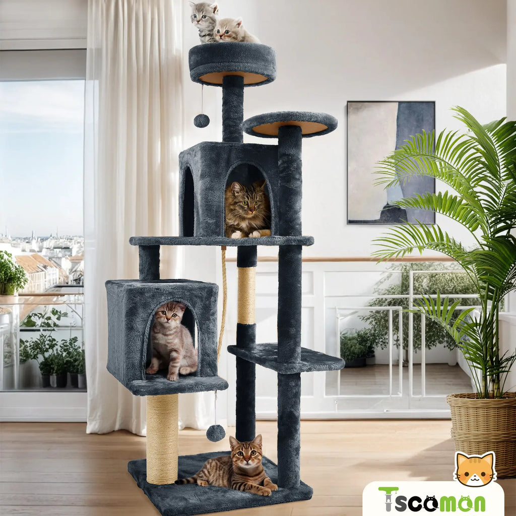 [Mothersdaygift] Wecharmer Cat Tree / Tower for Indoor with Green Leaves, Cat Condo Cozy Plush House with Hang Ball, Pet Furniture with Scratching Posts Cat Tree