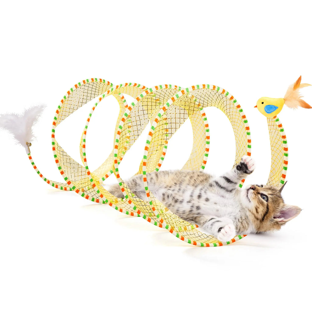 Potaroma Spiral Cat Tunnel - Collapsible Spring Toy with Feather & Bell