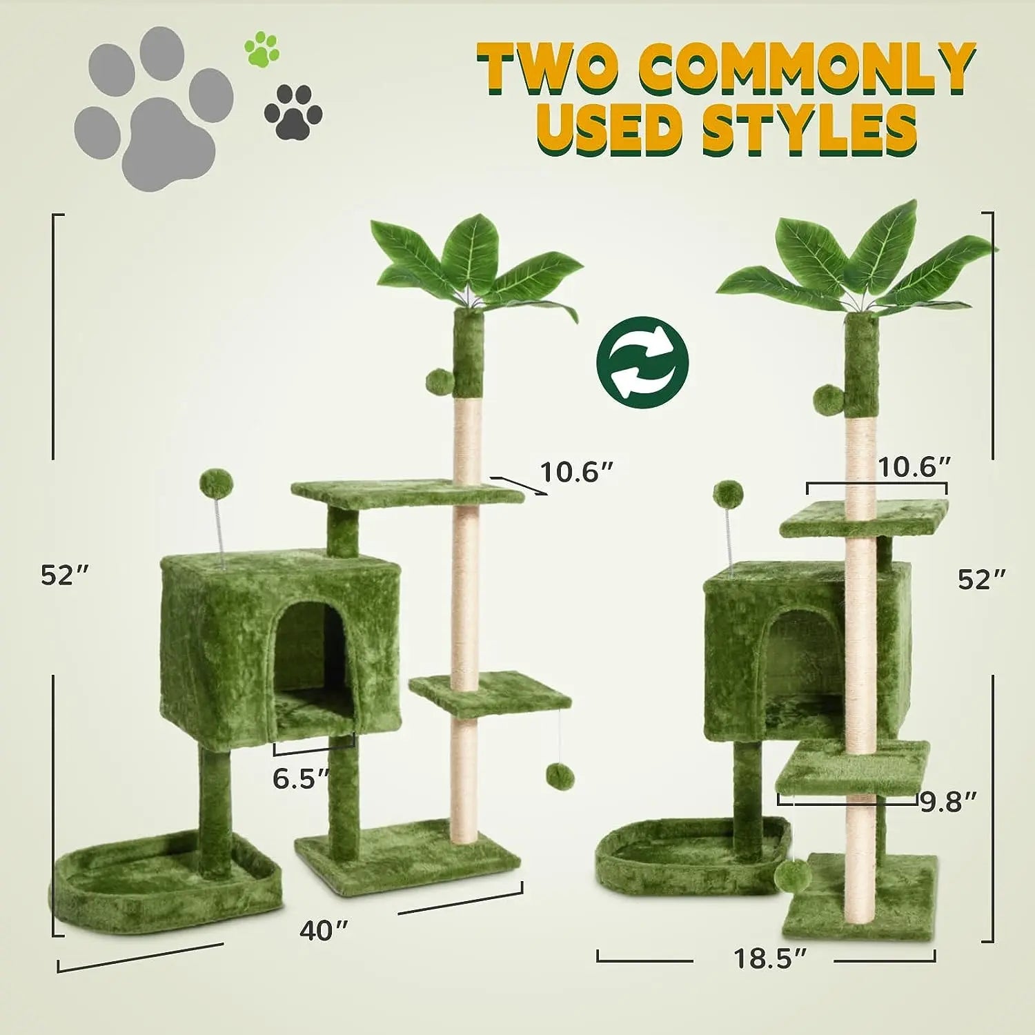 [Mothersdaygift] Wecharmer Cat Tree / Tower for Indoor with Green Leaves, Cat Condo Cozy Plush House with Hang Ball, Pet Furniture with Scratching Posts Cat Tree