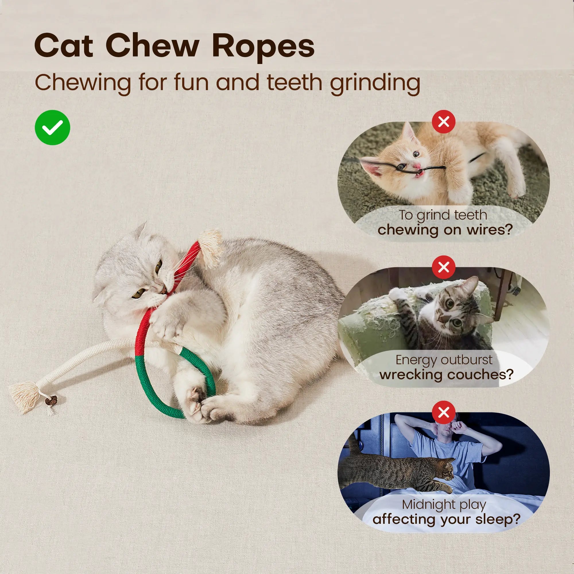 Potaroma Cat Toys Chew Ropes 3Pcs, Safe Teeth Cleaning Toy for Indoor Kittens, Calming Interactive Kitty Toys #Summervibes #Petlovers