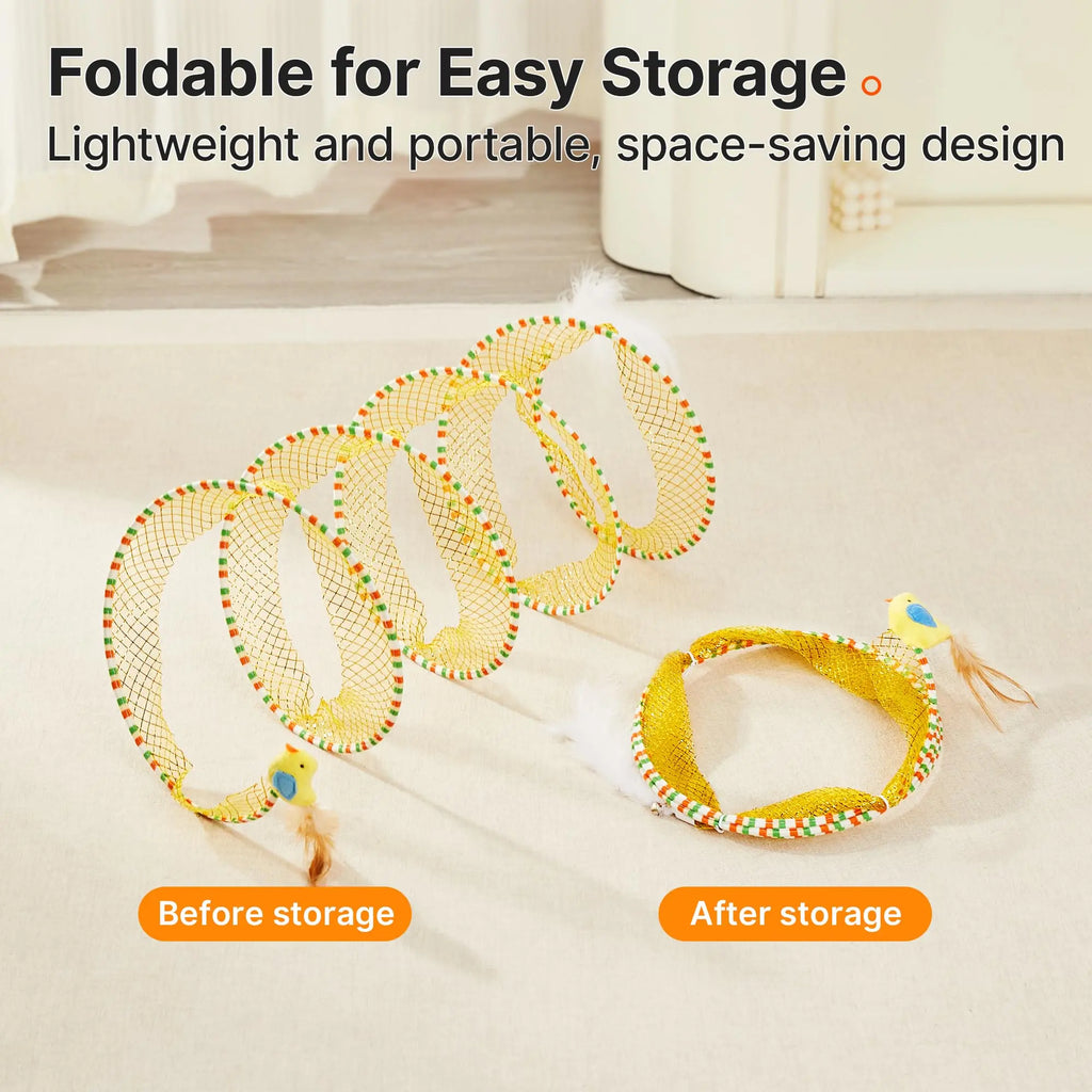 Potaroma Spiral Cat Tunnel - Collapsible Spring Toy with Feather & Bell