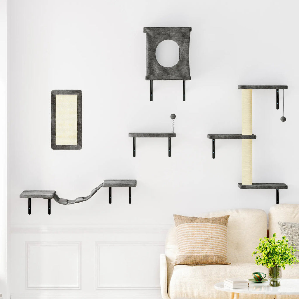 [Dealsforyoudays] 5-Piece Wall Mounted Cat Climbing Set – Soft House, Cat Scratching Board, Cat Tree, Cat Hammock & Cat Juamping Platform,Summervibes