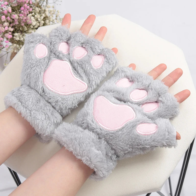 Cartoon Cat Claw Plush Gloves – Cozy Half-Finger Winter Mittens