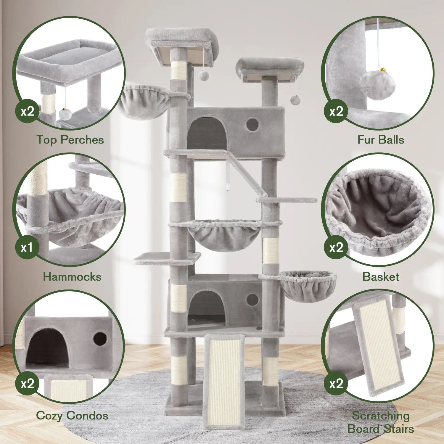 MUTICOR 82In Cat Tree Tower All-In-One Luxury Cat Tree with Scratching Posts & Boards,Hammock,Cozy Condo Room House,Toy Balls,Multifunctional Pets Furniture#Summervibes