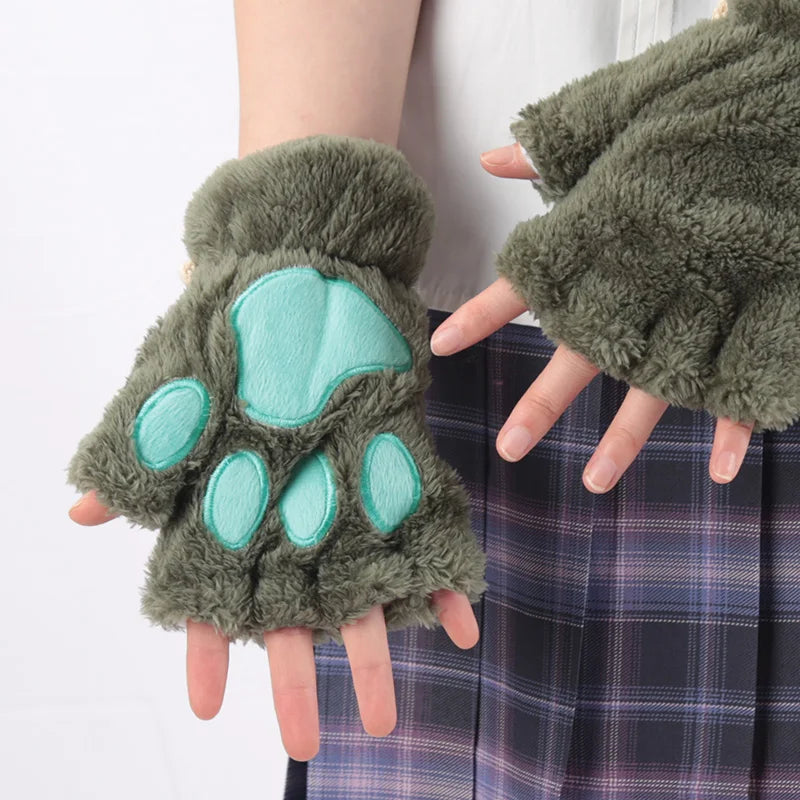 Cartoon Cat Claw Plush Gloves – Cozy Half-Finger Winter Mittens