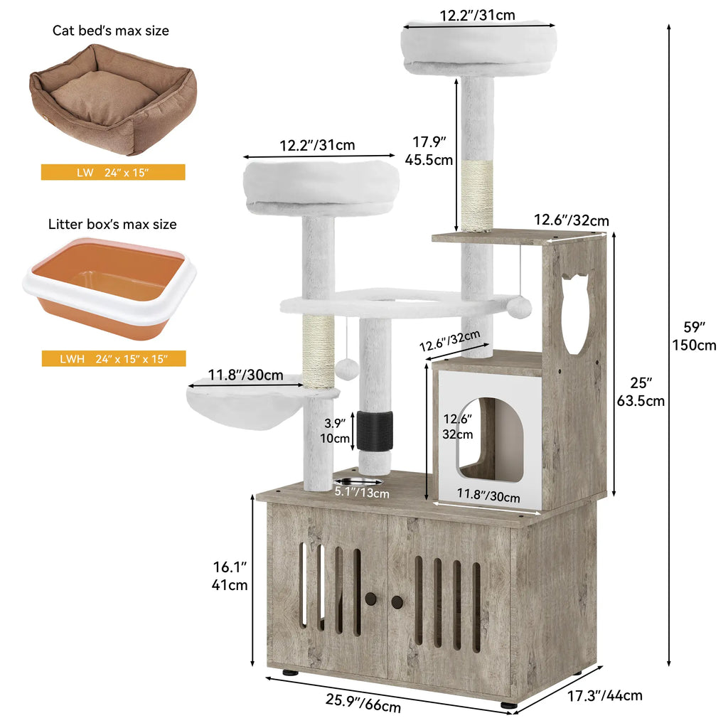 Yitahome Cat Tree with Litter Box Enclosure, 2-In-1 Cat Furniture, Modern Cat Condo, Indoor Pet Tower with Food Station, Hammocks, Hair Brush