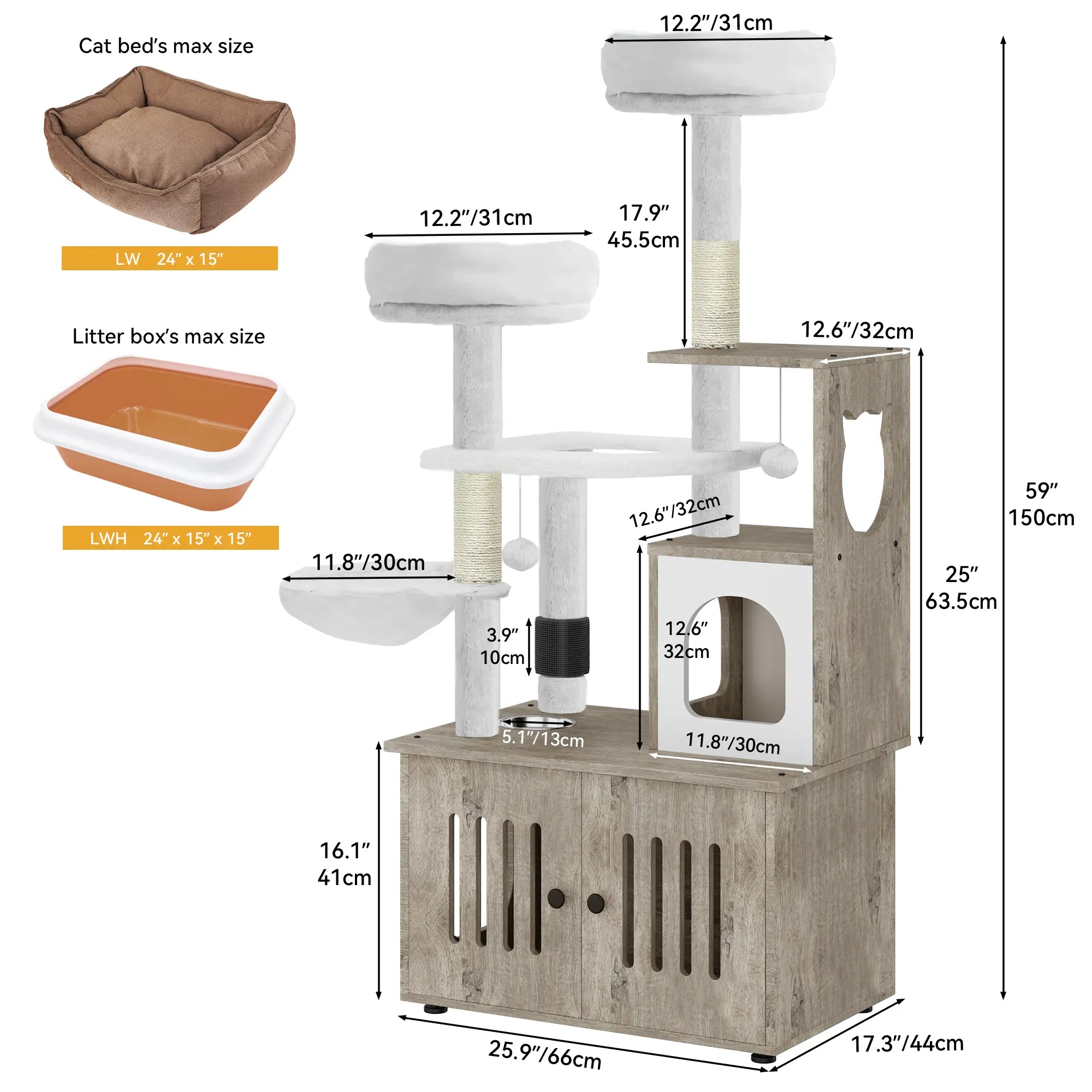 Yitahome Cat Tree with Litter Box Enclosure, 2-In-1 Cat Furniture, Modern Cat Condo, Indoor Pet Tower with Food Station, Hammocks, Hair Brush