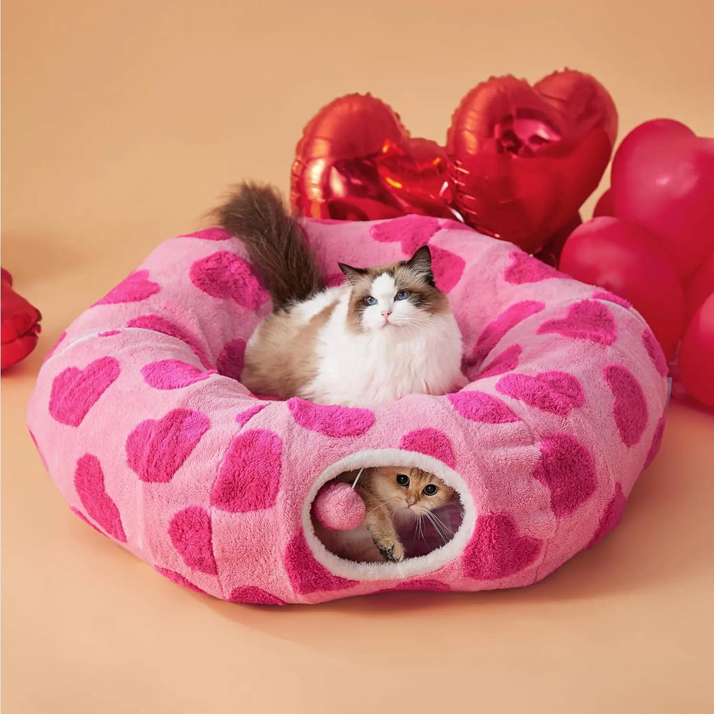 Lesure Cat Tunnel Bed for Indoor Cats - Soft&Cozy Cute Cat Donut Tunnel with Washable Circle Cushion, round Pet Play Tunnel Toy for Kitten/Puppy/Rabbit, Peekaboo Cave Toy, Cool Cat Stuff