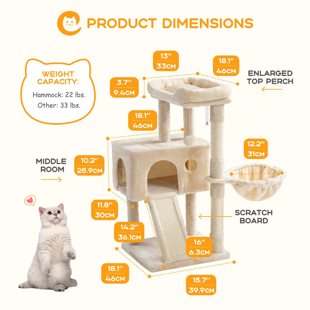 HOOMIC 36 Inches Cat Tree, Multi-Level Condo with Sisal Posts & Cozy Hammock, Padded Plush Perch, Available in Beige, Dark Grey, Light Grey , Perfect for Indoor Cats & Kittens #Summervibes