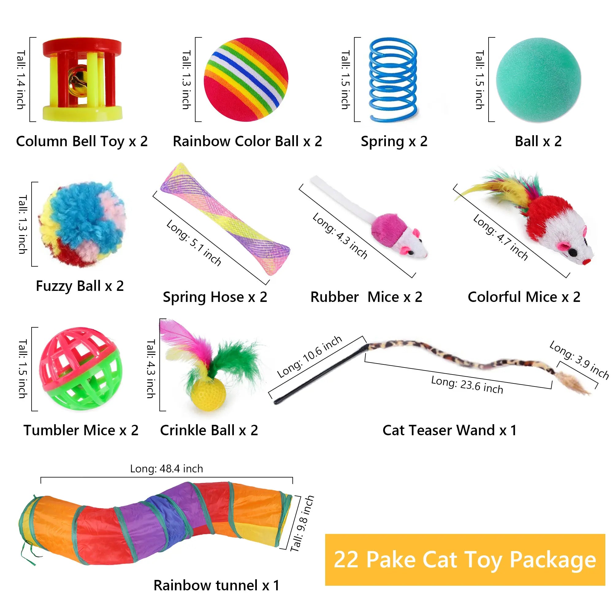 Cat Toys Set - 22Pcs Interactive Cat Toys for Kittens & Indoor Cats with Rainbow Tunnel, Feather Teaser Wand, Sisal Mice, Bell Balls & Crinkle Balls,Summervibes