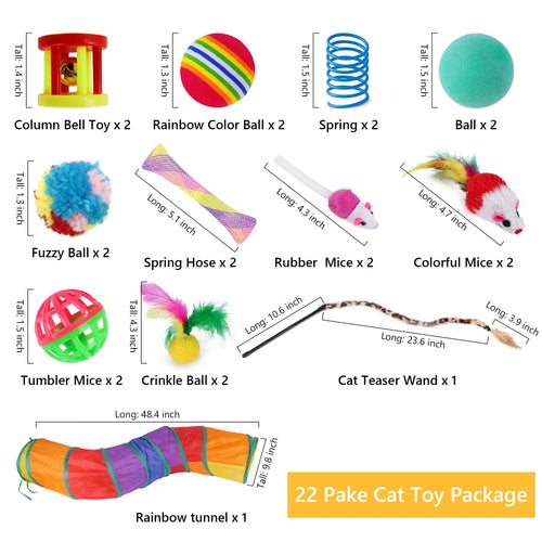Cat Toys Set - 22Pcs Interactive Cat Toys for Kittens & Indoor Cats with Rainbow Tunnel, Feather Teaser Wand, Sisal Mice, Bell Balls & Crinkle Balls,Summervibes