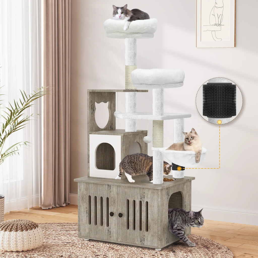 Yitahome Cat Tree with Litter Box Enclosure, 2-In-1 Cat Furniture, Modern Cat Condo, Indoor Pet Tower with Food Station, Hammocks, Hair Brush