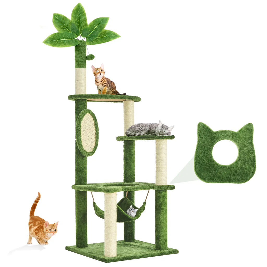 [Mothersdaygift] Wecharmer Cat Tree / Tower for Indoor with Green Leaves, Cat Condo Cozy Plush House with Hang Ball, Pet Furniture with Scratching Posts Cat Tree