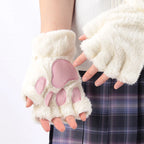 Cartoon Cat Claw Plush Gloves – Cozy Half-Finger Winter Mittens