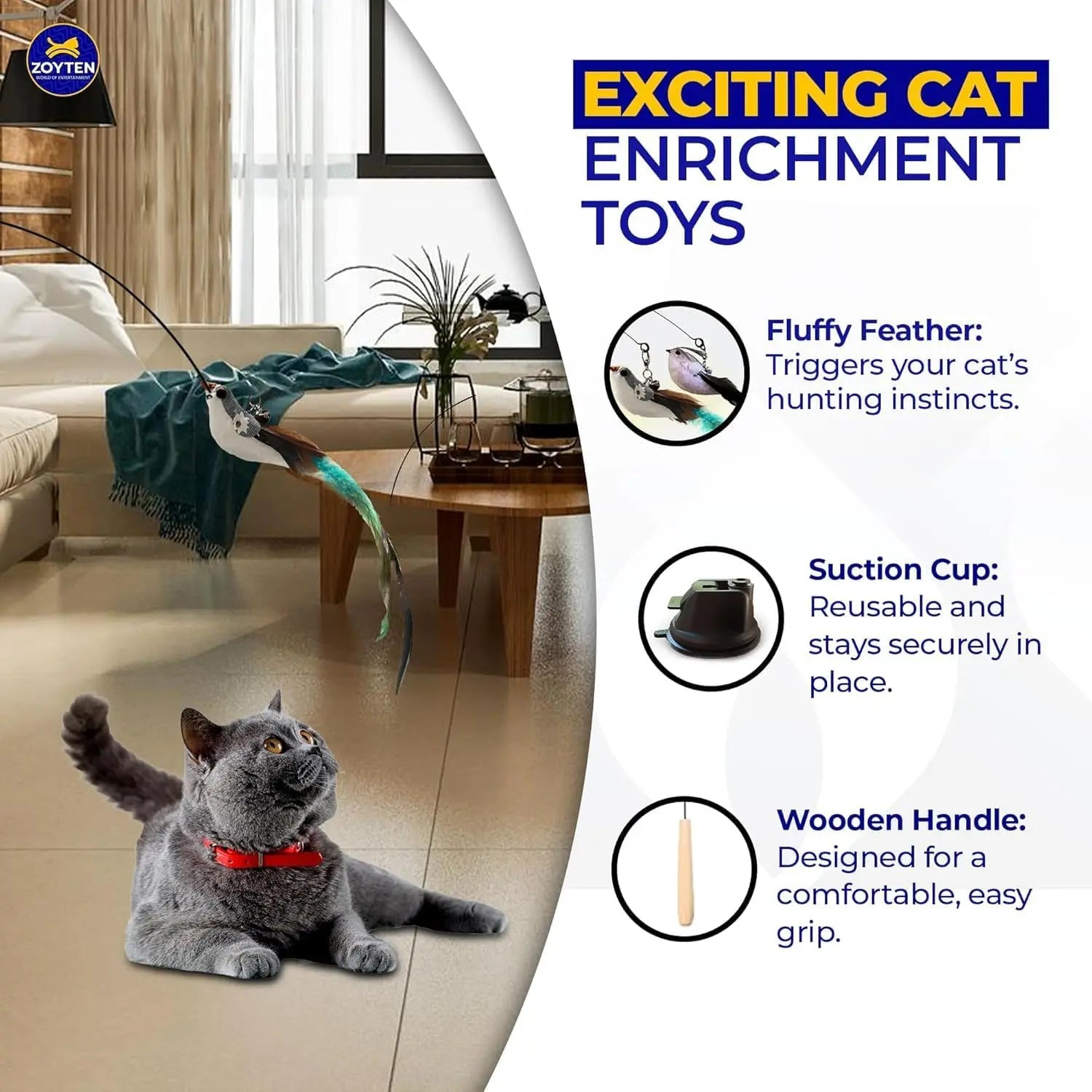 Cat Toy Wand Auto Interactive Toys for Indoor Cat 10 in 1 Hands-Free Natural Bird Feather Ball Toys, Suction Cup Pet Dancing Playing Toy