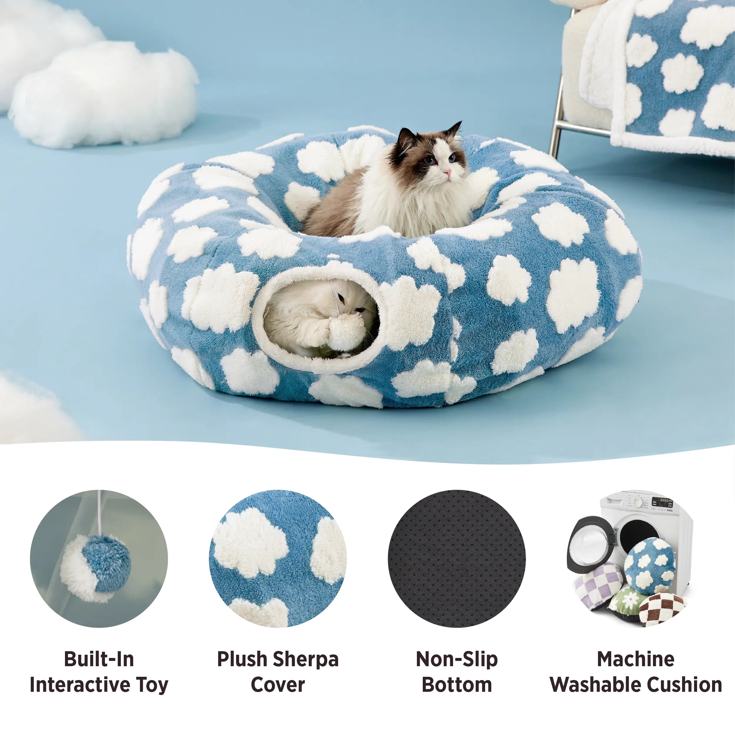 Lesure Cat Tunnel Bed for Indoor Cats - Soft&Cozy Cute Cat Donut Tunnel with Washable Circle Cushion, round Pet Play Tunnel Toy for Kitten/Puppy/Rabbit, Peekaboo Cave Toy, Cool Cat Stuff