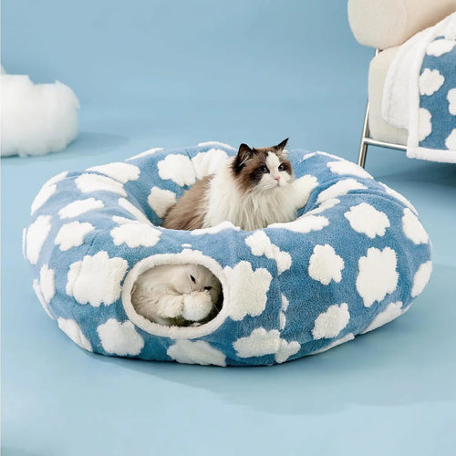 Lesure Cat Tunnel Bed for Indoor Cats - Soft&Cozy Cute Cat Donut Tunnel with Washable Circle Cushion, round Pet Play Tunnel Toy for Kitten/Puppy/Rabbit, Peekaboo Cave Toy, Cool Cat Stuff