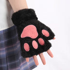 Cartoon Cat Claw Plush Gloves – Cozy Half-Finger Winter Mittens