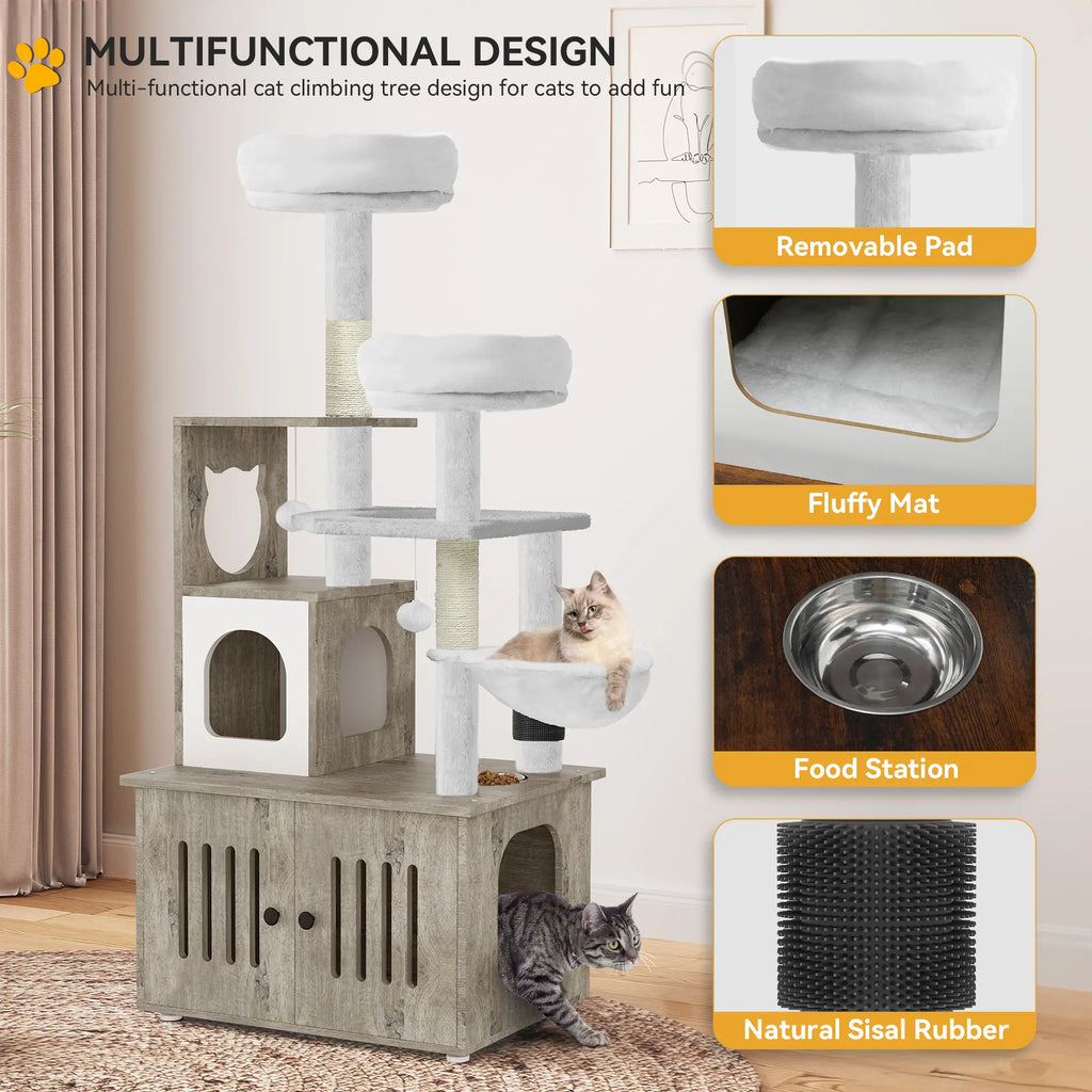 Yitahome Cat Tree with Litter Box Enclosure, 2-In-1 Cat Furniture, Modern Cat Condo, Indoor Pet Tower with Food Station, Hammocks, Hair Brush