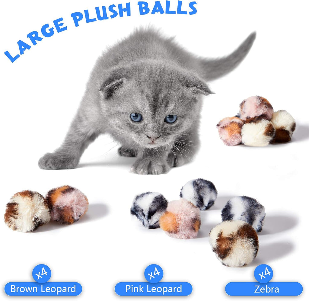 12 Pieces Cat Pom Pom Balls Toys Large Fuzzy Cat Ball Artificial Large Plush Ball for Cats Pets Interactive Playing Indoor(Pink,Leopard)