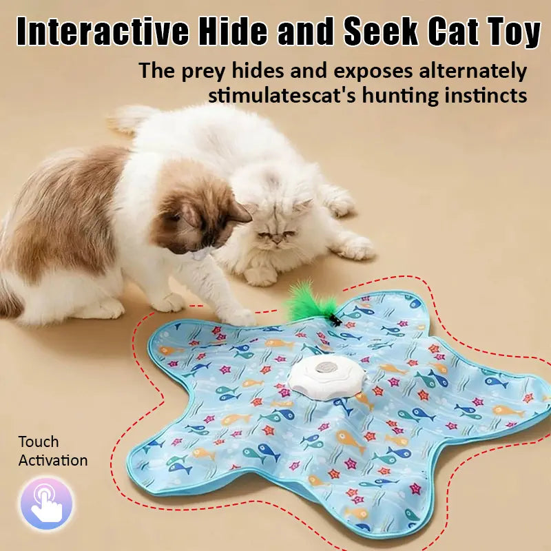 Hide and Seek Cat Toys with 2 Teasing Sticks, Touch Activated Cat Kitten Toy Exercise Toys for Indoor Bored Cats, Interactive Cat Toys Rechargeable, Moving Concealed Feathers, Real Mouse Squeaky
