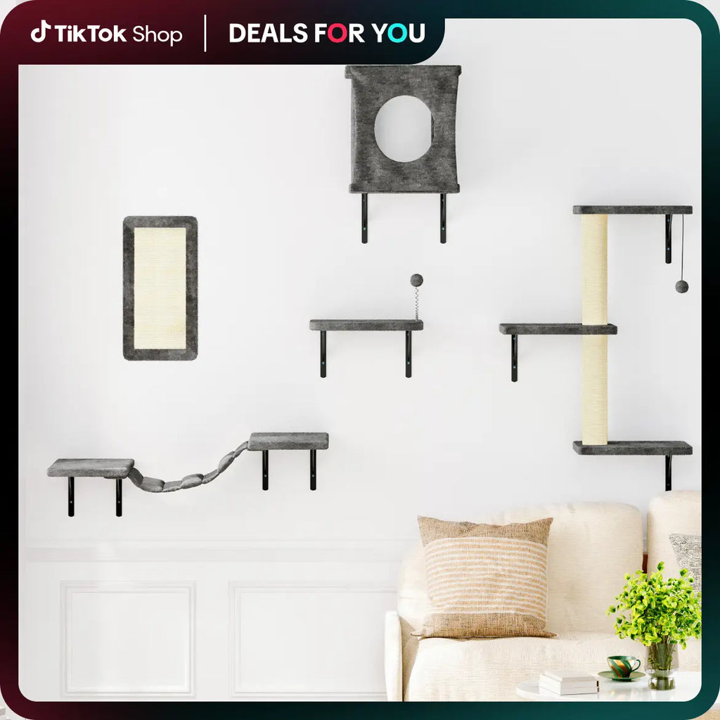 [Dealsforyoudays] 5-Piece Wall Mounted Cat Climbing Set – Soft House, Cat Scratching Board, Cat Tree, Cat Hammock & Cat Juamping Platform,Summervibes