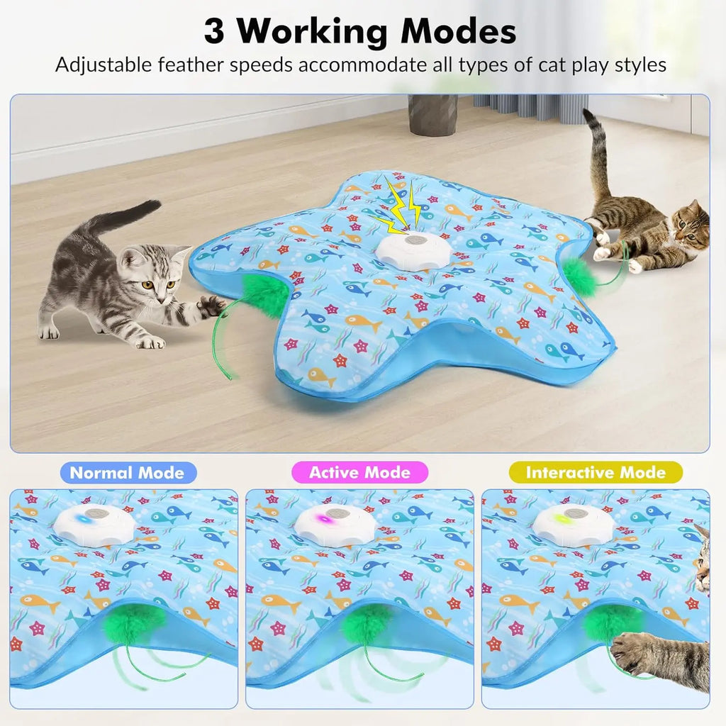 Hide and Seek Cat Toys with 2 Teasing Sticks, Touch Activated Cat Kitten Toy Exercise Toys for Indoor Bored Cats, Interactive Cat Toys Rechargeable, Moving Concealed Feathers, Real Mouse Squeaky