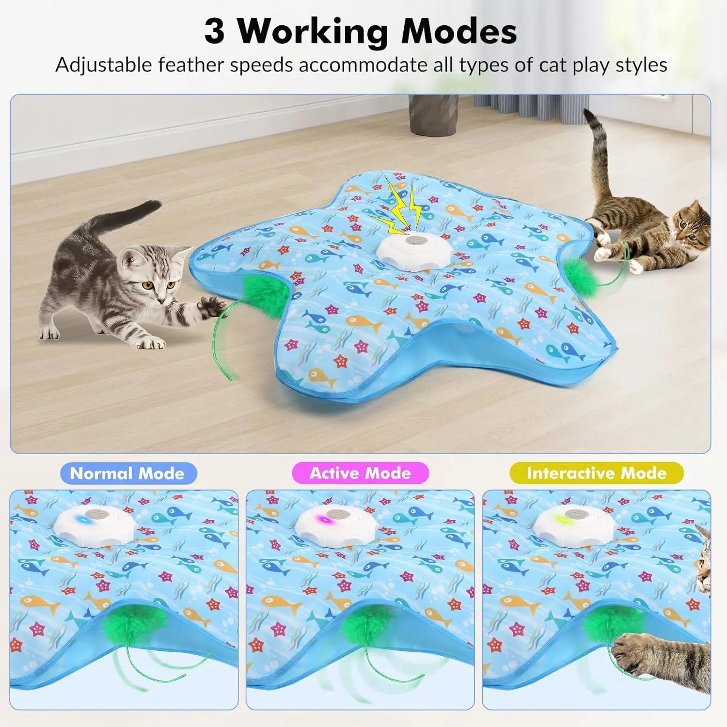 Hide and Seek Cat Toys with 2 Teasing Sticks, Touch Activated Cat Kitten Toy Exercise Toys for Indoor Bored Cats, Interactive Cat Toys Rechargeable, Moving Concealed Feathers, Real Mouse Squeaky