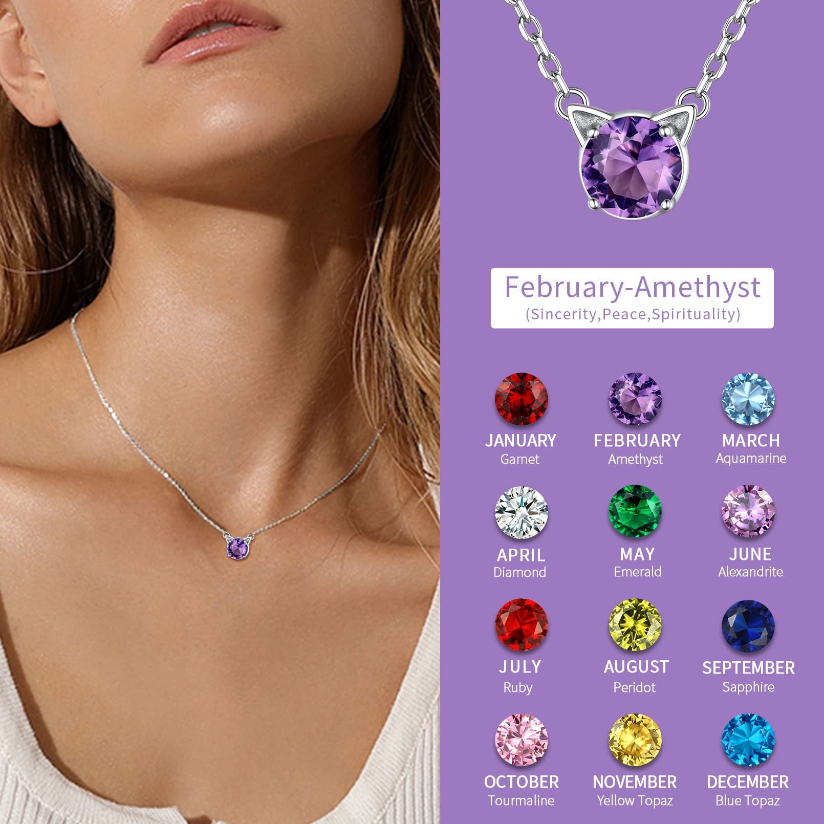 Dainty Cat Birthstone Necklace – Sterling Silver Valentine's Gift