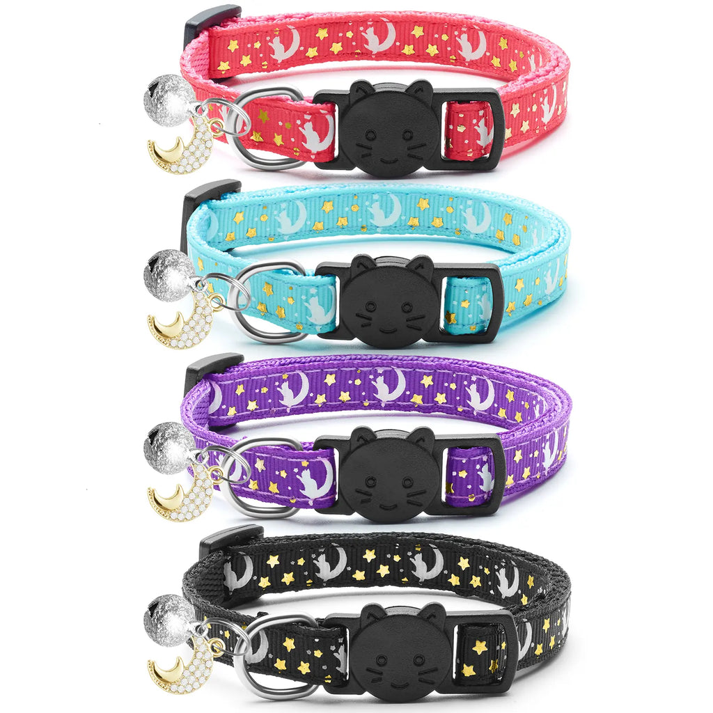4 PCS Breakaway Cat Collars with Glowing Moon Pendant Adjustable Kitten Collar for Cats Girls Boys Pet Gifts Accessories Leashes Harnesses