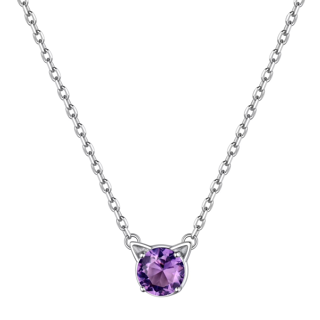 Dainty Cat Birthstone Necklace – Sterling Silver Valentine's Gift