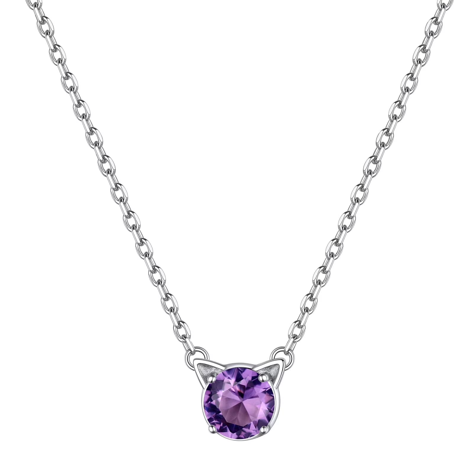 Dainty Cat Birthstone Necklace – Sterling Silver Valentine's Gift