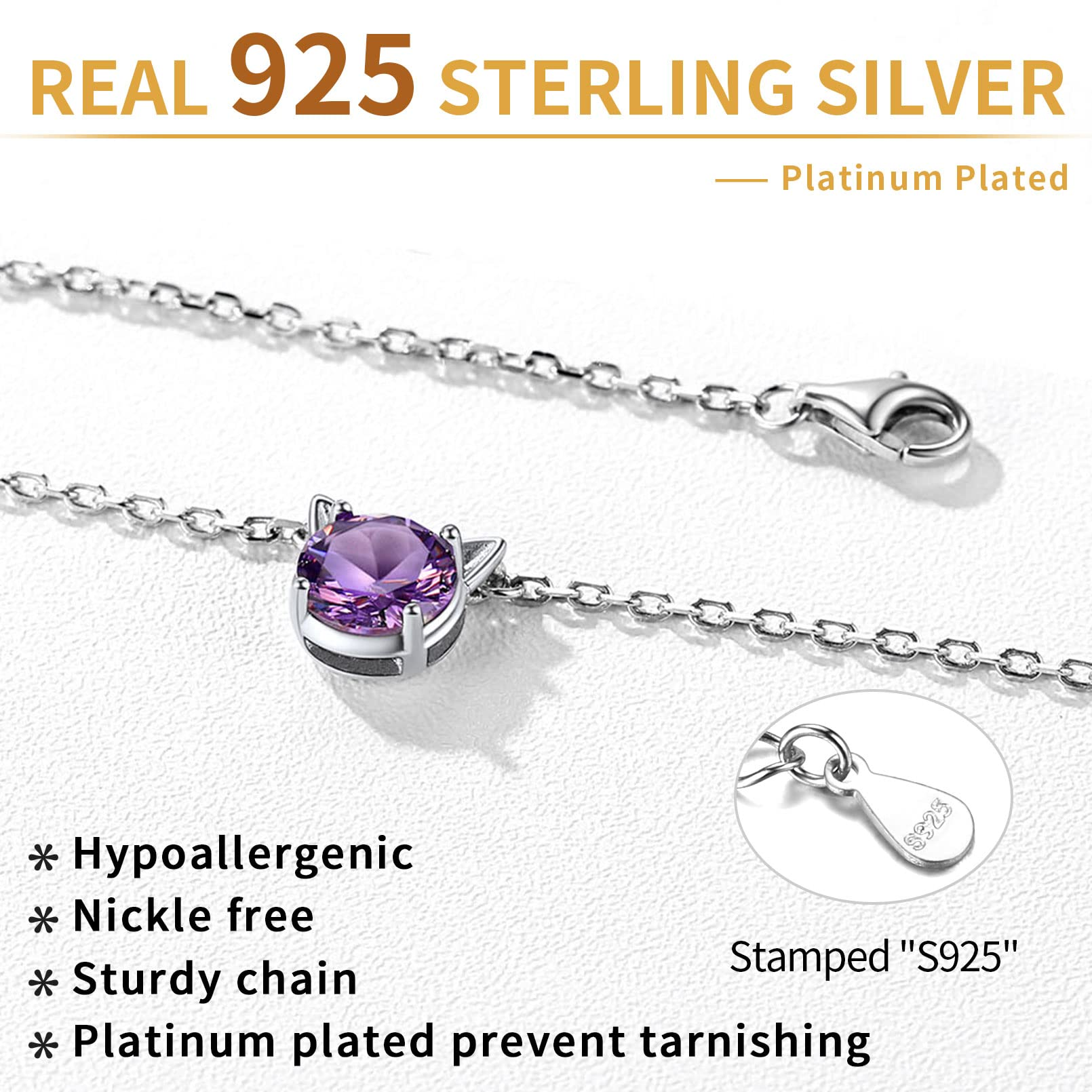 Dainty Cat Birthstone Necklace – Sterling Silver Valentine's Gift