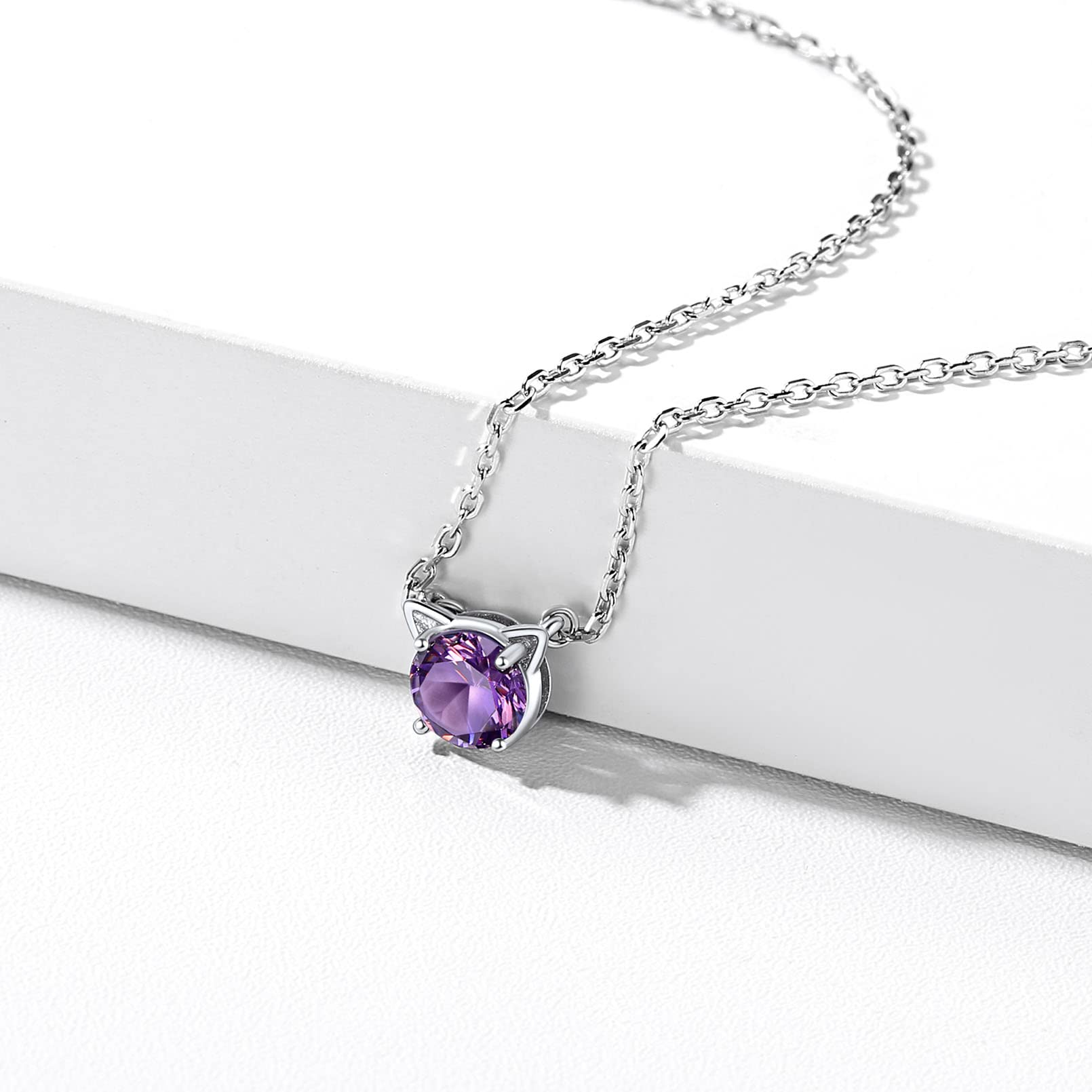 Dainty Cat Birthstone Necklace – Sterling Silver Valentine's Gift