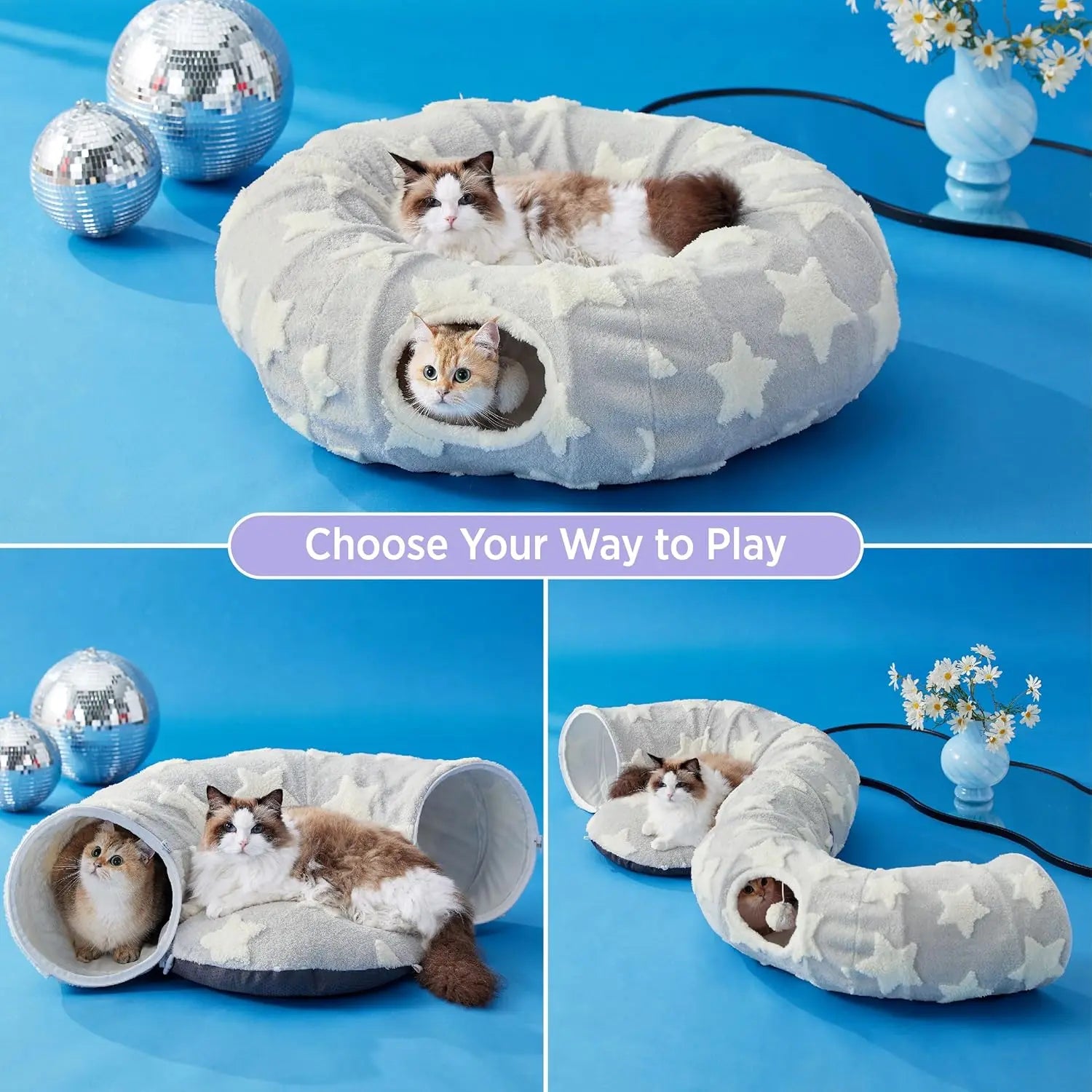 Lesure Cat Tunnel Bed for Indoor Cats - Soft&Cozy Cute Cat Donut Tunnel with Washable Circle Cushion, round Pet Play Tunnel Toy for Kitten/Puppy/Rabbit, Peekaboo Cave Toy, Cool Cat Stuff