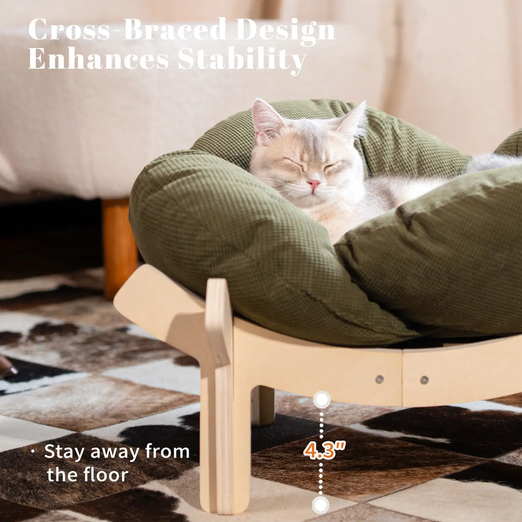 Elevated Flower Cat Bed，Wooden with Cushion， Fluffy Pet Couch Sofa for Indoor Cats and Dogs， Raised Kitty Lounge Chair， Suitable for Puppy, Cat Furniture(Large)