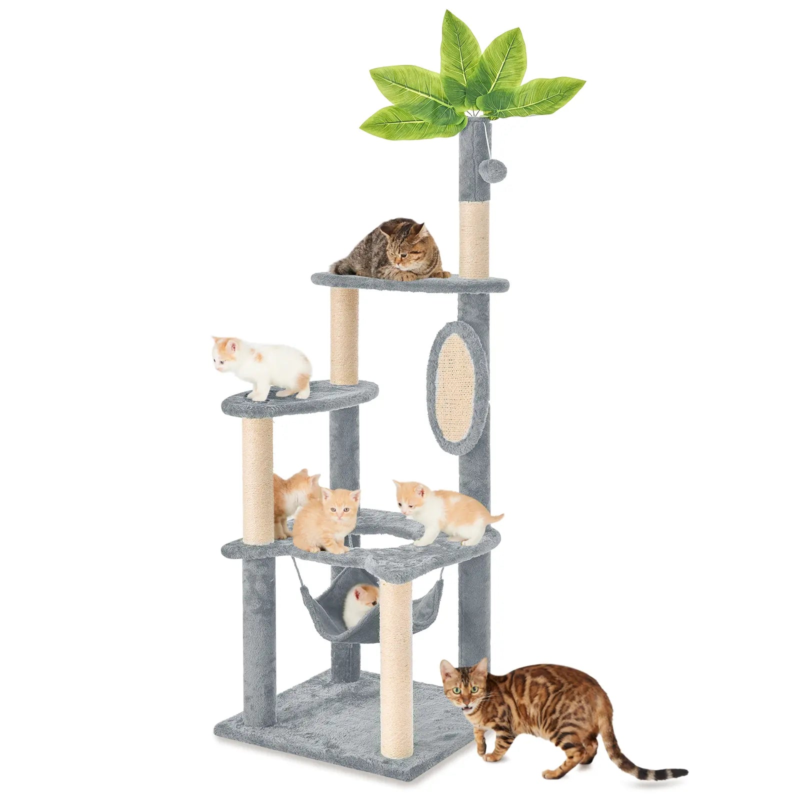 [Mothersdaygift] Wecharmer Cat Tree / Tower for Indoor with Green Leaves, Cat Condo Cozy Plush House with Hang Ball, Pet Furniture with Scratching Posts Cat Tree