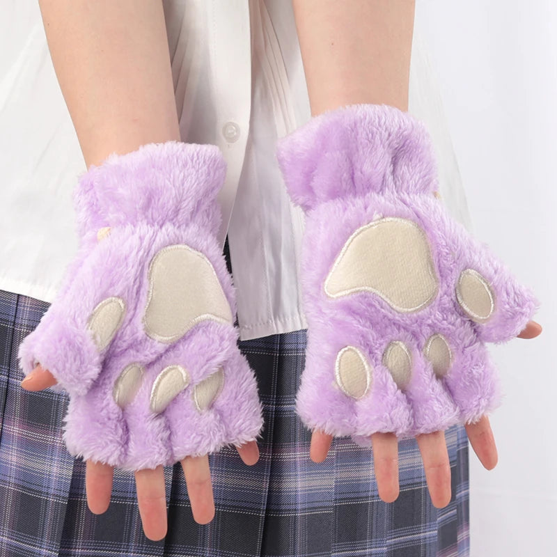 Cartoon Cat Claw Plush Gloves – Cozy Half-Finger Winter Mittens