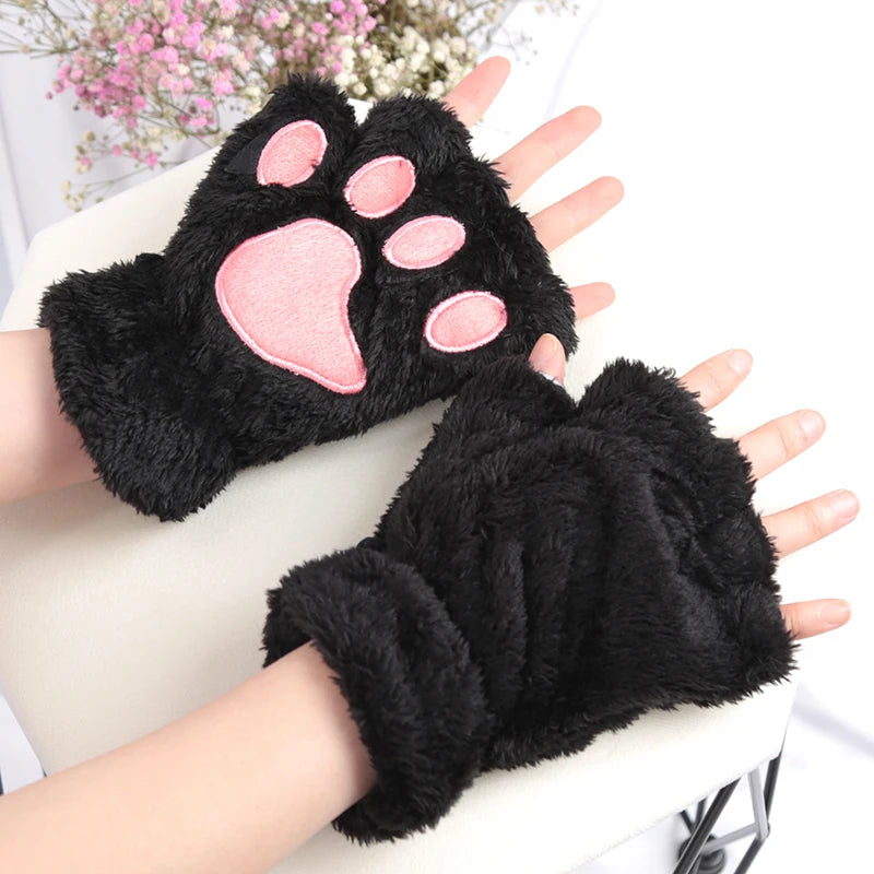 Cartoon Cat Claw Plush Gloves – Cozy Half-Finger Winter Mittens