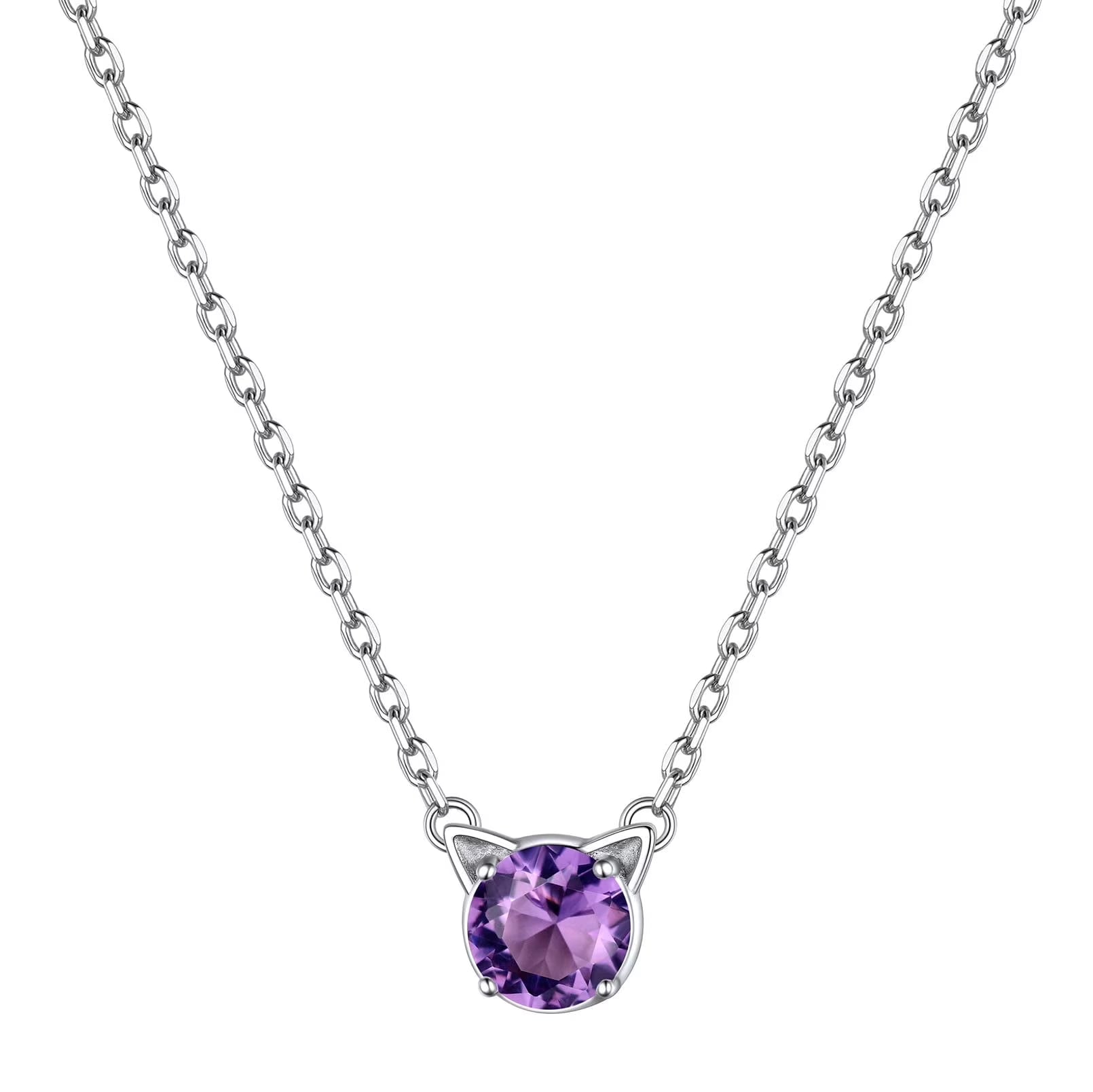 Dainty Cat Birthstone Necklace – Sterling Silver Valentine's Gift